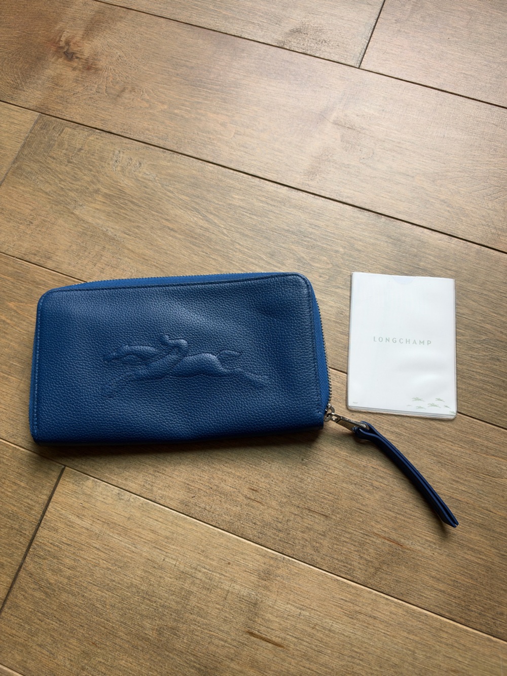 Longchamp Blue Pebbled Leather Zip-Around Continental Wallet with Strap